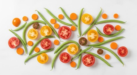 Assortment of fresh vegetables including tomatoes, green beans, and carrots