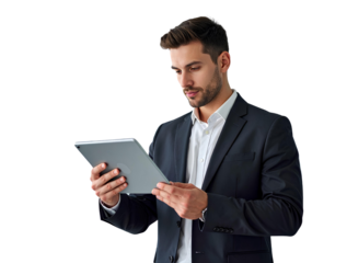 Young businessman in suit holding tablet smiling in office
