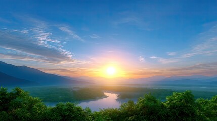 Obraz premium Serene Sunrise Over Mountain Landscape With River and Lush Greenery Under Clear Blue Sky and Soft Clouds Reflecting Tranquility and Natural Beauty