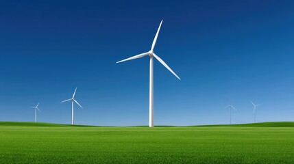 Fototapeta premium Wind Turbines Against Clear Sky on Green Field Landscape, Renewable Energy Generation, Modern Technology for Sustainable Future Power Production