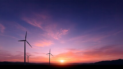 Obraz premium Serene Twilight Over Wind Turbines with Vibrant Sunset Colors and Scenic Mountain Range in Background for Renewable Energy Concepts