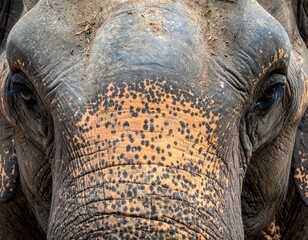 A close-up portrait of an elephant's expressive face, focused gaze