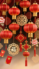 Fototapeta premium Traditional Chinese New Year decorations featuring red lanterns, auspicious knots, and floral ornaments against a warm, textured background