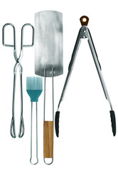 a photograph from above of a metal measuring spoon, a gray checkered cloth napkin, and a small red bowl on a bright white surface.