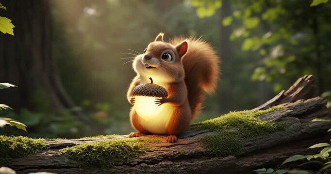 A cute squirrel holding an acorn, illuminated softly, in a tranquil forest setting