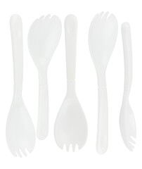 studio photograph of assorted white plastic serving utensils, including salad spoons and forks with sleek minimalist designs, set against a transparent background.