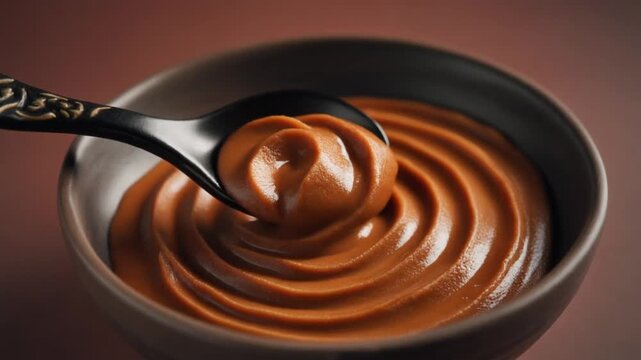 Creamy dulce de leche or Japanese miso paste in a bowl with a spoon, perfect for a sweet treat