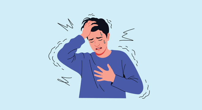 Young man experiencing a panic attack or severe anxiety, shown with a distressed expression, sweating, and holding his head and chest.