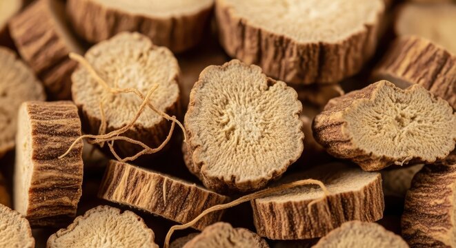 Closeup of dried licorice root slices, showing texture and fibrous details