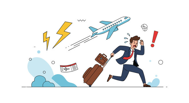 Stressed businessman in a suit running frantically with his luggage to catch a flight, missing the airplane as it takes off behind him.