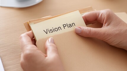 Person&rsquo;s hand, goals, success, plan, draft, Organizing Vision Plan - Person's Hand Putting Paper into Folder with Copy Space, Business Concept