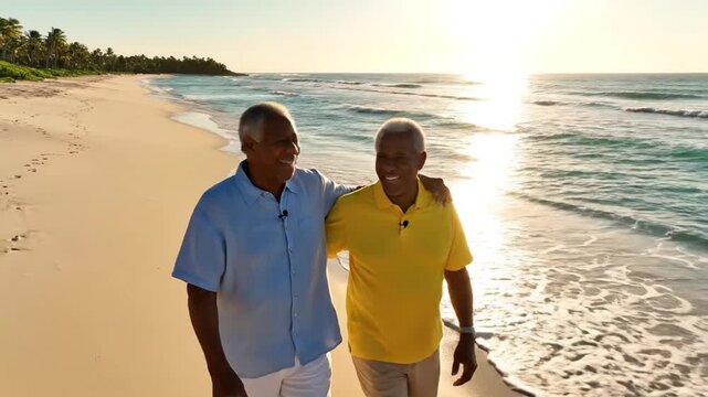 Two senior men enjoy a relaxing walk on a beautiful beach during sunset.