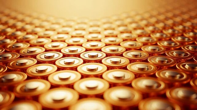 Shiny Gold Battery Cells Arranged in a Grid Pattern