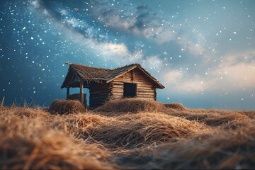 Old wooden cottage house on a rural mountain landscape with blue sky and scattered clouds
