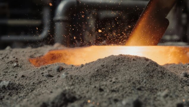 Molten metal pouring into sand mold in foundry.