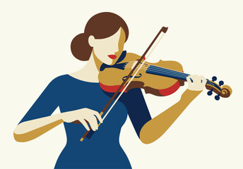 Flat vector illustration of a classical violinist performing, elegant posture, solid colour palette, smooth geometric shapes, minimalist design © WealthyMinion