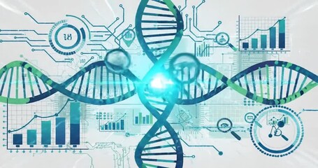 Abstract representation of DNA strands intertwined with graphs and technology elements in a lab setting - Powered by Adobe