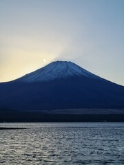 Majestic Mount Fuji at Dawn with Sunburst over Lake