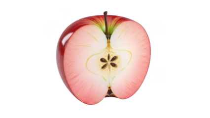 A red apple cut in half, revealing core and seeds, isolated on transparent background