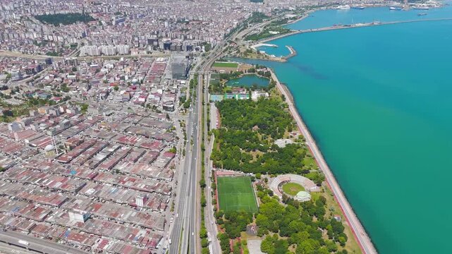 Samsun, Turkey. Panorama of the city and coast from a drone on a summer day. Aerial View