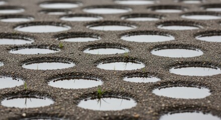 Reflective circles filled with rainwater on a textured urban pavement after a downpour