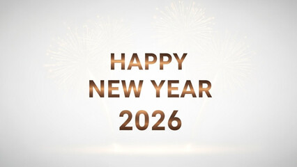 Happy new year 2026 celebration with gold text on white background with fireworks