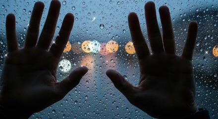 Rainy reflections: A glimpse of city lights through the window with outstretched hands