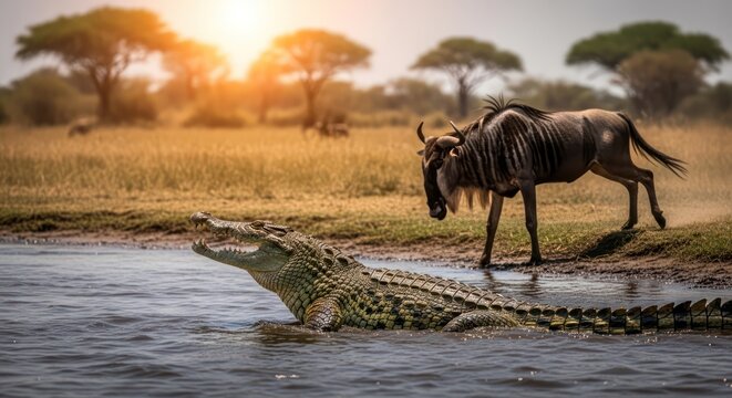 Nile crocodile emerging from water confronts wildebeest on the African savanna waterhole