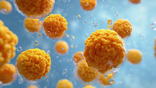 Vibrant orange microscopic particles suspended in a clear fluid with bubbles, illustrating cellular activity, nutrient absorption, or scientific research