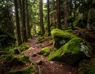 A forest path winds through tall trees and mossy rocks