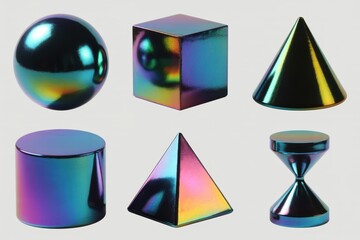 Iridescent geometric shapes collection with modern futuristic design