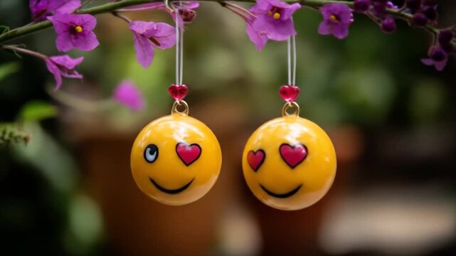 Close up of smiling emoji ornaments hanging from flowering plant branch