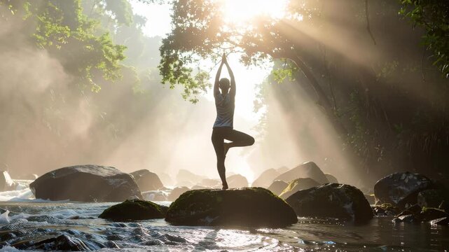 Yoga morning silhouette sunrise lifestyle wellbeing new year resolutions 2026 meditation fitness peaceful woman balancing rock river sunrise practicing yoga with soft light and reflective water