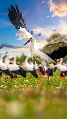 Fototapeta premium A flock of birds, mostly white with black wingtips and red beaks and legs, take flight over a grassy field under a colorful sky