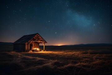 Old abandoned farm cottage at night in the rural nature landscape under a cloudy sky