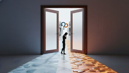 Figure Facing Two Paths Deciding Future Decision Through Open Doorway