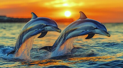 Fototapeta premium Two dolphins leap from the ocean, a golden sunrise on the horizon. Perfect for illustrating marine life, nature, or travel destinations.