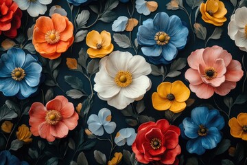 Fototapeta premium Colorful assorted paper flowers are displayed against a dark blue background. Use as background, wallpaper, or print for stationery and invitations.