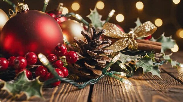 Holiday tableau Ornaments pinecones and shimmering light