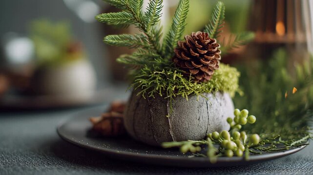 A small bowl with pine cones and moss on top of a plate. Macro shot of holiday centerpiece made from simple natural materials, compact table setting, small space christmas decor