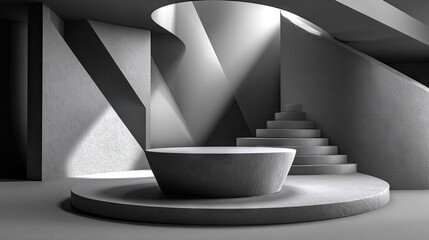 Abstract architectural interior with staircase and platform in black and white