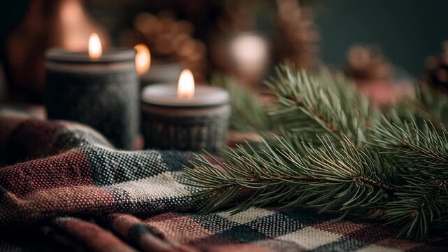A cozy scene with a blanket and three candles on it. Macro shot of pine branches and checkered cloth surrounding candles, warm countryside tones, country style christmas