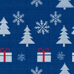 A knitted pattern featuring white snowflakes, Christmas trees, and gift boxes with red bows, all on a dark blue background
