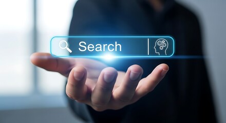 Hand holding search bar with brain icon for smart search technology idea