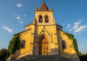 Obraz premium A beautiful yellow church with a tall steeple and bell tower against a blue sky