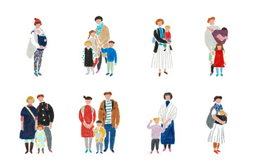 手描きイラスト　小さい子供のいるさまざまな家族