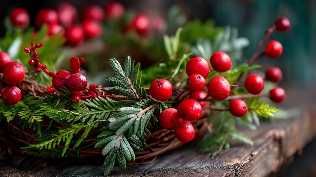 Christmas wreath close up fresh pine leaf red berries natural texture rustic holiday decor realistic macro style