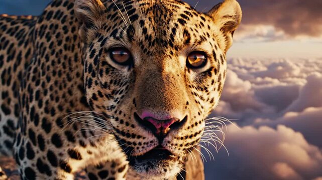 Close Up Portrait of Leopard Gazing Towards the Viewer with Cloud Background and Golden Hour Lighting