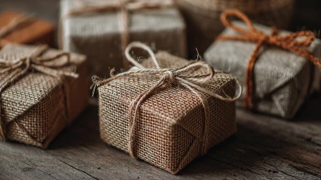 A bunch of brown boxes with brown strings tied to them. Macro shot of eco gift boxes tied with jute string, minimal rustic Christmas wrapping concept, eco rustic christmas home