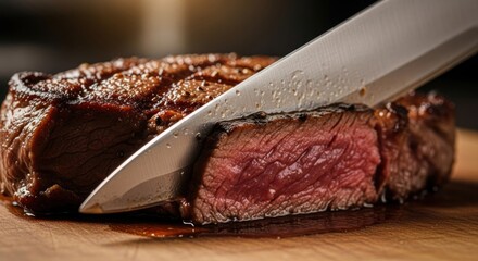A steak being sliced with a knife on a wooden cutting board.